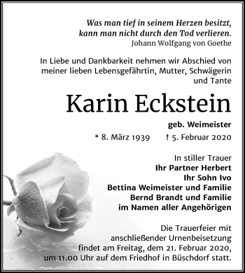 Traueranzeige von Karin Eckstein von Mitteldeutsche Zeitung Halle/Saalkreis