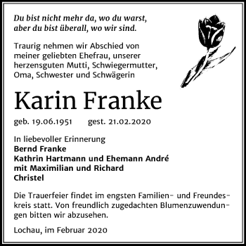 Traueranzeige von Karin Franke von Super Sonntag Merseburg/Querfurt