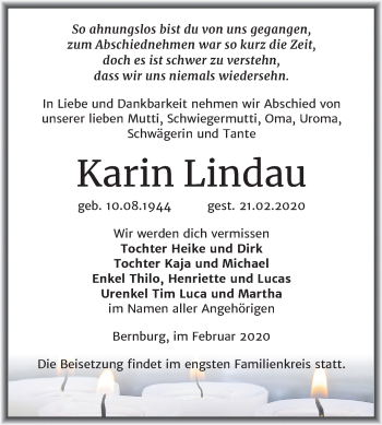 Traueranzeige von Karin Lindau von Super Sonntag Bernburg