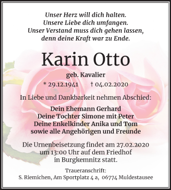 Traueranzeige von Karin Otto von Wochenspiegel Mansfelder Land
