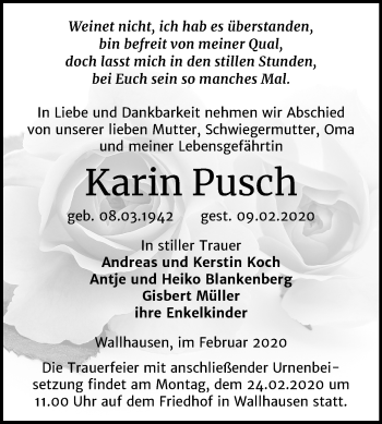 Traueranzeige von Karin Pusch von Mitteldeutsche Zeitung Sangerhausen