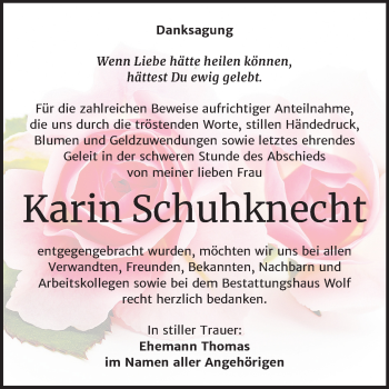 Traueranzeige von Karin Schuhknecht von Mitteldeutsche Zeitung Zeitz