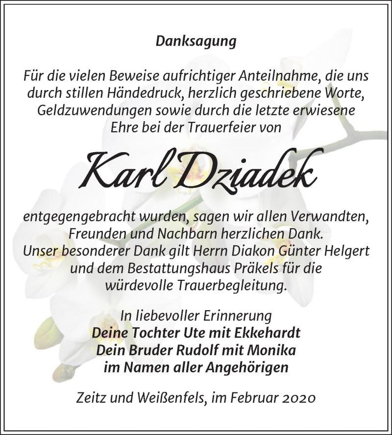  Traueranzeige für Karl Dziadek vom 15.02.2020 aus Super Sonntag Zeitz
