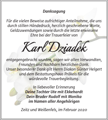 Traueranzeige von Karl Dziadek von Mitteldeutsche Zeitung Zeitz