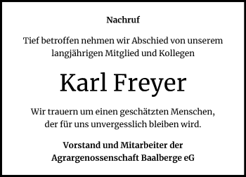 Traueranzeige von Karl Freyer von Super Sonntag Bernburg