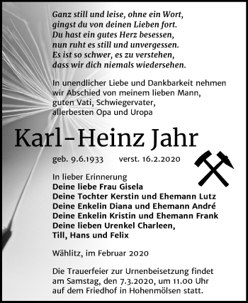 Traueranzeige von Karl-Heinz Jahr von Wochenspiegel Weißenfels