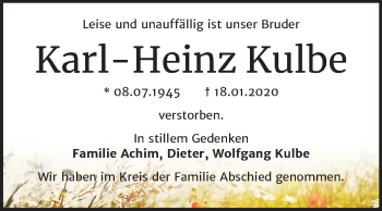 Traueranzeige von Karl-Heinz Kulbe von Super Sonntag Quedlinburg