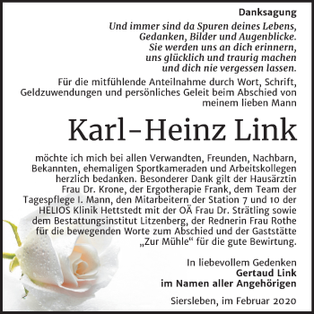 Traueranzeige von Karl-Heinz Link von Mitteldeutsche Zeitung Mansfelder Land