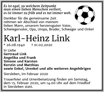 Traueranzeige von Karl-Heinz Link von Super Sonntag Mansfelder Land