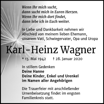 Traueranzeige von Karl-Heinz Wagner von Mitteldeutsche Zeitung Halle/Saalkreis