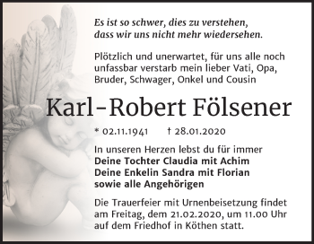 Traueranzeige von Karl-Robert Fölsener von Mitteldeutsche Zeitung Köthen