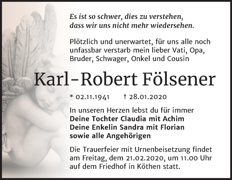 Traueranzeige für Karl-Robert Fölsener vom 01.02.2020 aus Mitteldeutsche Zeitung Köthen