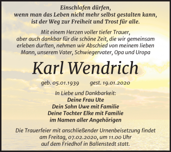 Traueranzeige von Karl Wendrich von Super Sonntag Quedlinburg