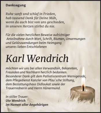 Traueranzeige von Karl Wendrich von Mitteldeutsche Zeitung Quedlinburg