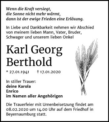 Traueranzeige von Karl Georg Berthold von Wochenspiegel Sangerhausen