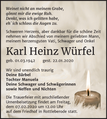 Traueranzeige von Karl Heinz Würfel von Mitteldeutsche Zeitung Sangerhausen