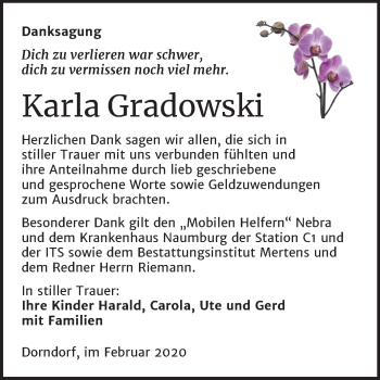 Traueranzeige von Karla Gradowski von Wochenspiegel Naumburg/Nebra