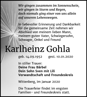 Traueranzeige von Karlheinz Gohla von Super Sonntag Wittenberg