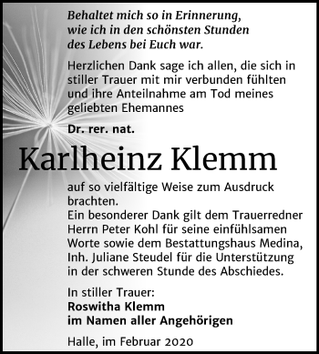 Traueranzeige von Karlheinz Klemm von Mitteldeutsche Zeitung Halle/Saalkreis
