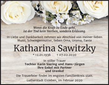 Traueranzeige von Katharina Sawitzky von Mitteldeutsche Zeitung Mansfelder Land