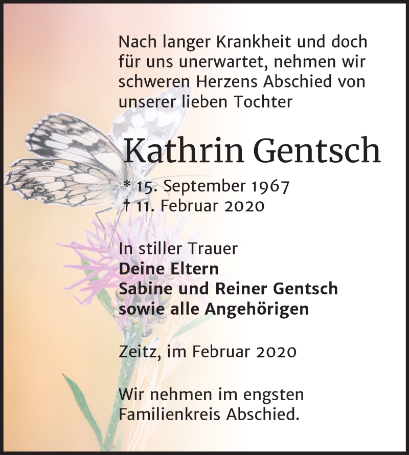  Traueranzeige für Kathrin Gentsch vom 22.02.2020 aus Super Sonntag Zeitz