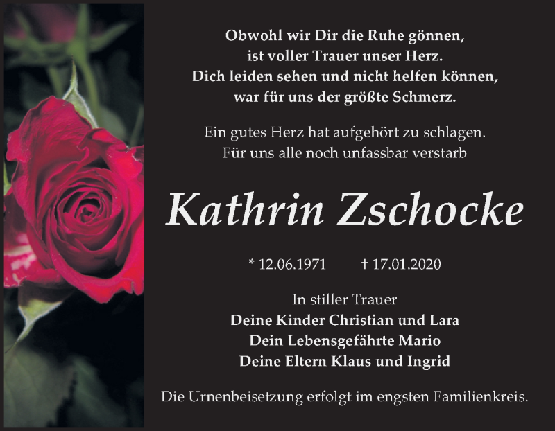  Traueranzeige für Kathrin Zschocke vom 01.02.2020 aus Mitteldeutsche Zeitung Bitterfeld