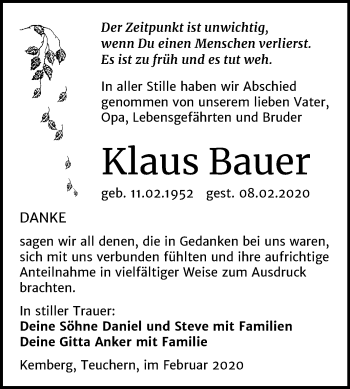 Traueranzeige von Klaus Bauer von Super Sonntag Wittenberg / Weißenfels
