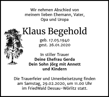 Traueranzeige von Klaus Begehold von Super Sonntag Wittenberg