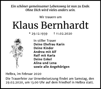Traueranzeige von Klaus Bernhardt von Mitteldeutsche Zeitung Mansfelder Land