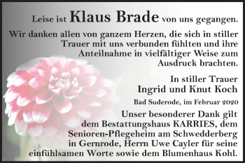 Traueranzeige von Klaus Brade von Mitteldeutsche Zeitung Quedlinburg