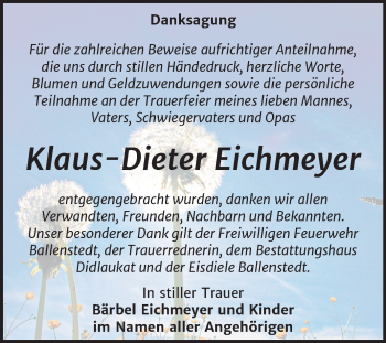 Traueranzeige von Klaus-Dieter Eichmeyer von Mitteldeutsche Zeitung Quedlinburg