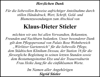 Traueranzeige von Klaus-Dieter Stieler von Super Sonntag Dessau-Roßlau