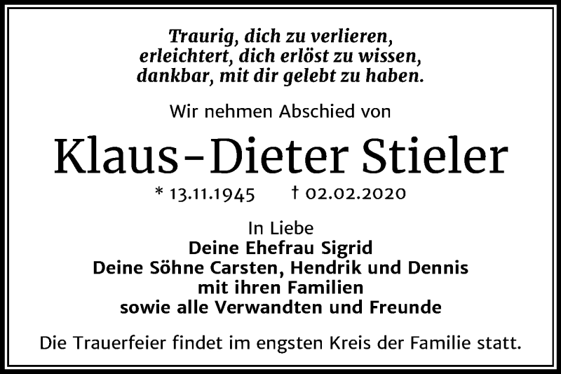  Traueranzeige für Klaus-Dieter Stieler vom 07.02.2020 aus Mitteldeutsche Zeitung Dessau-Roßlau