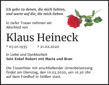 Traueranzeige von Klaus Heineck von Mitteldeutsche Zeitung Naumburg/Nebra