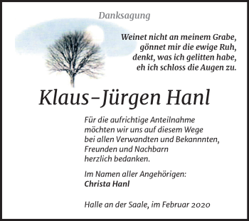 Traueranzeige von Klaus-Jürgen Hanl von Mitteldeutsche Zeitung Mansfelder Land / Halle/Saalkreis