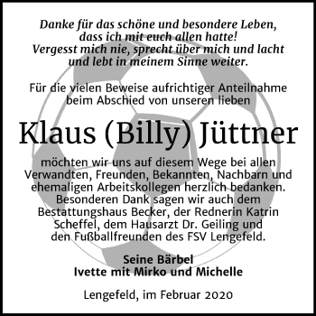 Traueranzeige von Klaus Jüttner von Mitteldeutsche Zeitung Sangerhausen