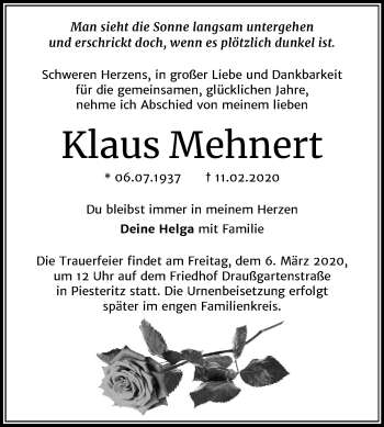 Traueranzeige von Klaus Mehnert von Super Sonntag Wittenberg