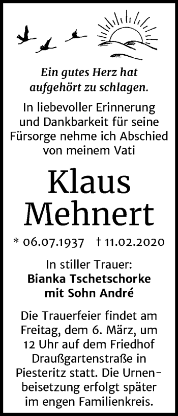 Traueranzeige von Klaus Mehnert von Mitteldeutsche Zeitung Wittenberg