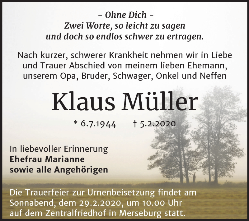  Traueranzeige für Klaus Müller vom 15.02.2020 aus Mitteldeutsche Zeitung Merseburg/Querfurt