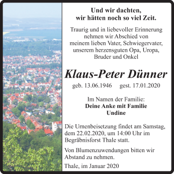 Traueranzeige von Klaus-Peter Dünner von Super Sonntag Quedlinburg