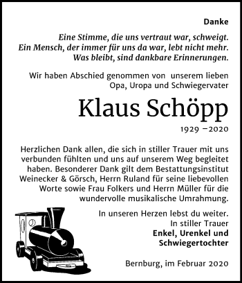 Traueranzeige von Klaus Schöpp von Mitteldeutsche Zeitung Bernburg