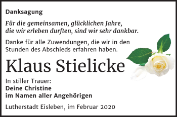 Traueranzeige von Klaus Stielicke von Wochenspiegel Mansfelder Land