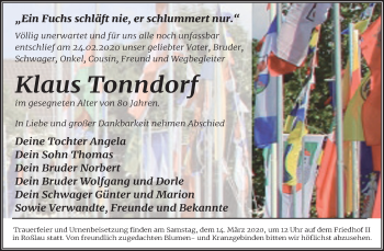 Traueranzeige von Klaus Tonndorf von Mitteldeutsche Zeitung Dessau-Roßlau