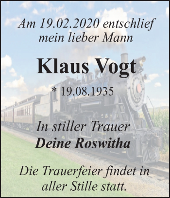 Traueranzeige von Klaus Vogt von Super Sonntag Dessau-Roßlau