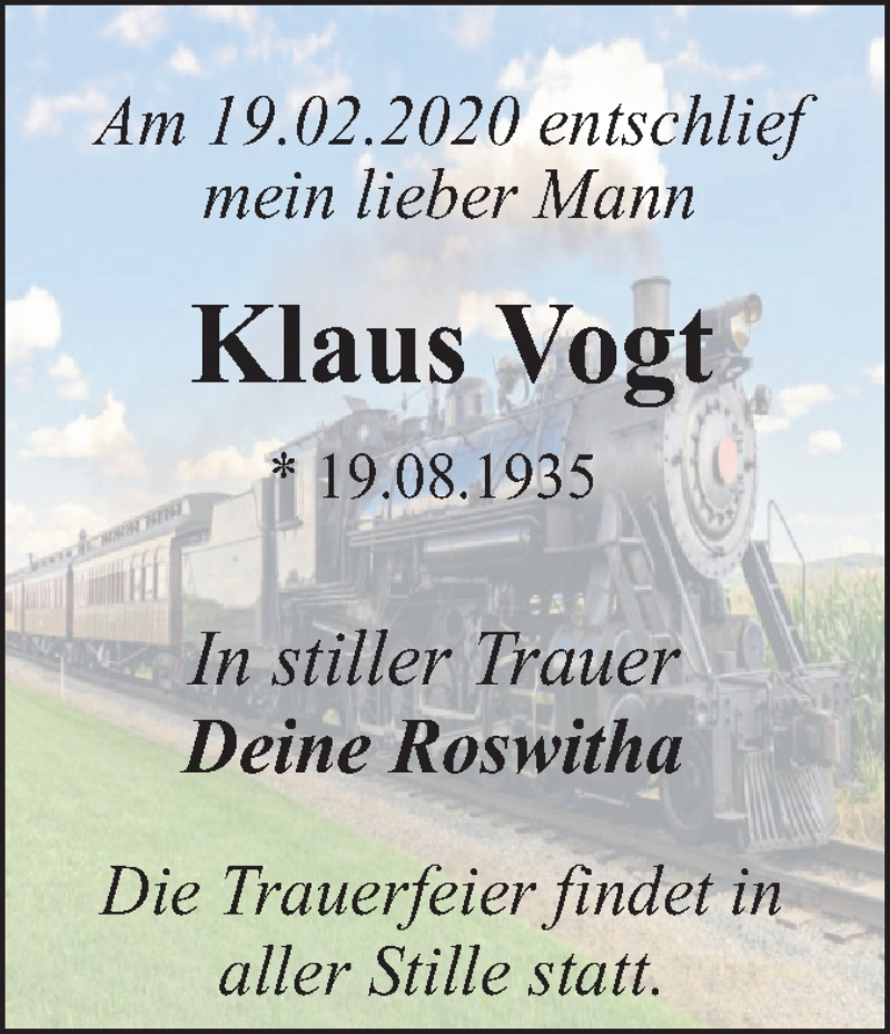  Traueranzeige für Klaus Vogt vom 26.02.2020 aus Mitteldeutsche Zeitung Dessau-Roßlau