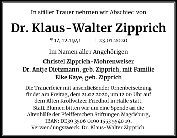 Traueranzeige von Klaus-Walter Zipprich von Mitteldeutsche Zeitung Halle/Saalkreis