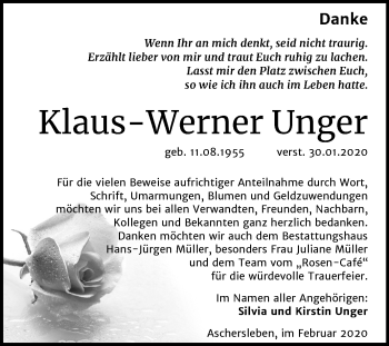 Traueranzeige von Klaus-Werner Unger von Mitteldeutsche Zeitung Aschersleben