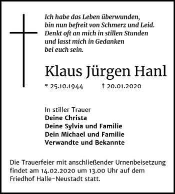 Traueranzeige von Klaus Jürgen Hanl von Mitteldeutsche Zeitung Mansfelder Land / Halle/Saalkreis