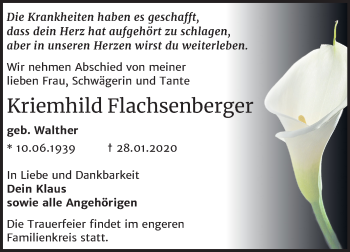 Traueranzeige von Kriemhild Flachsenberger von Super Sonntag Dessau-Roßlau