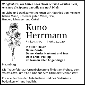 Traueranzeige von Kuno Herrmann von Wochenspiegel Naumburg/Nebra